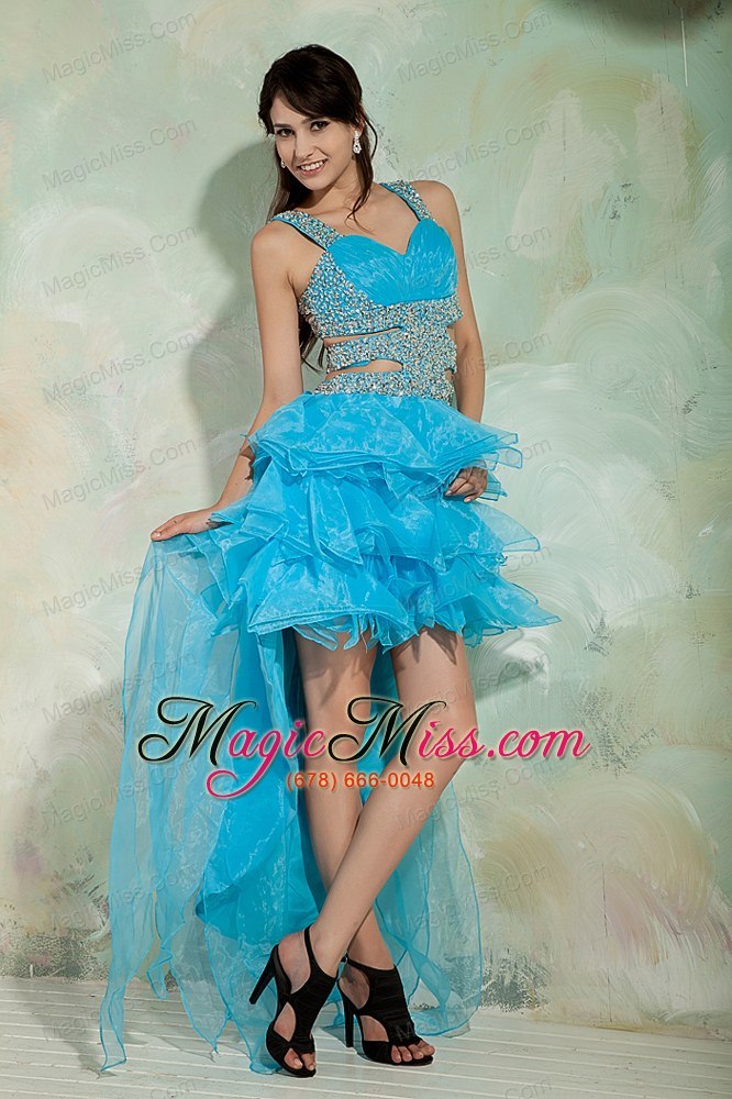 wholesale pretty sky blue a-line / princess straps high-low prom dress organza beading
