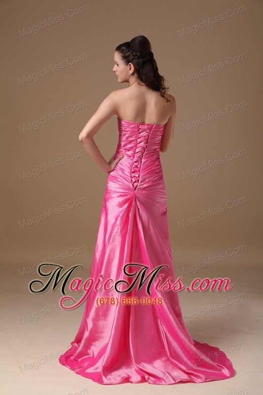 wholesale hot pink column strapless brush train taffeta beading prom dress