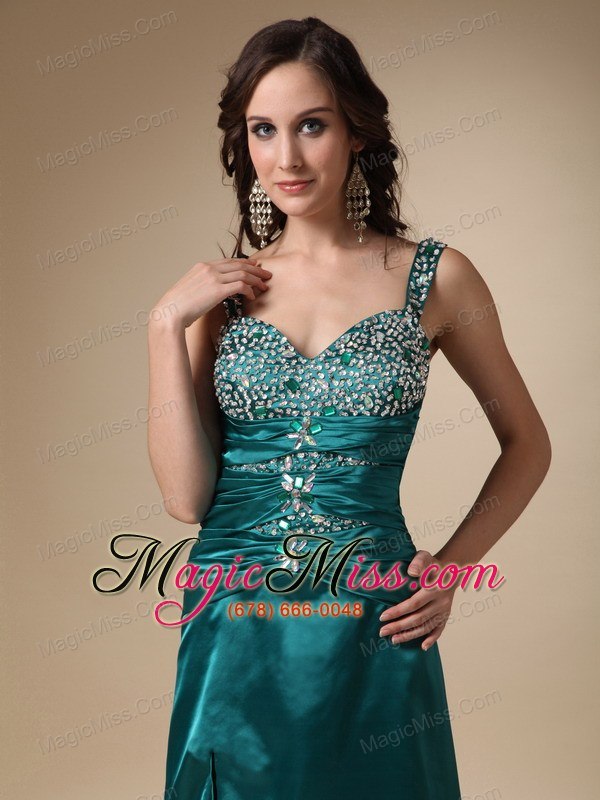 wholesale turquoise column straps brush train elastic woven satin beading prom / evening dress