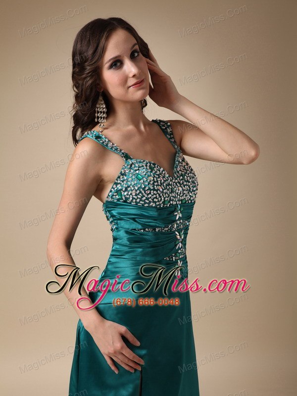 wholesale turquoise column straps brush train elastic woven satin beading prom / evening dress