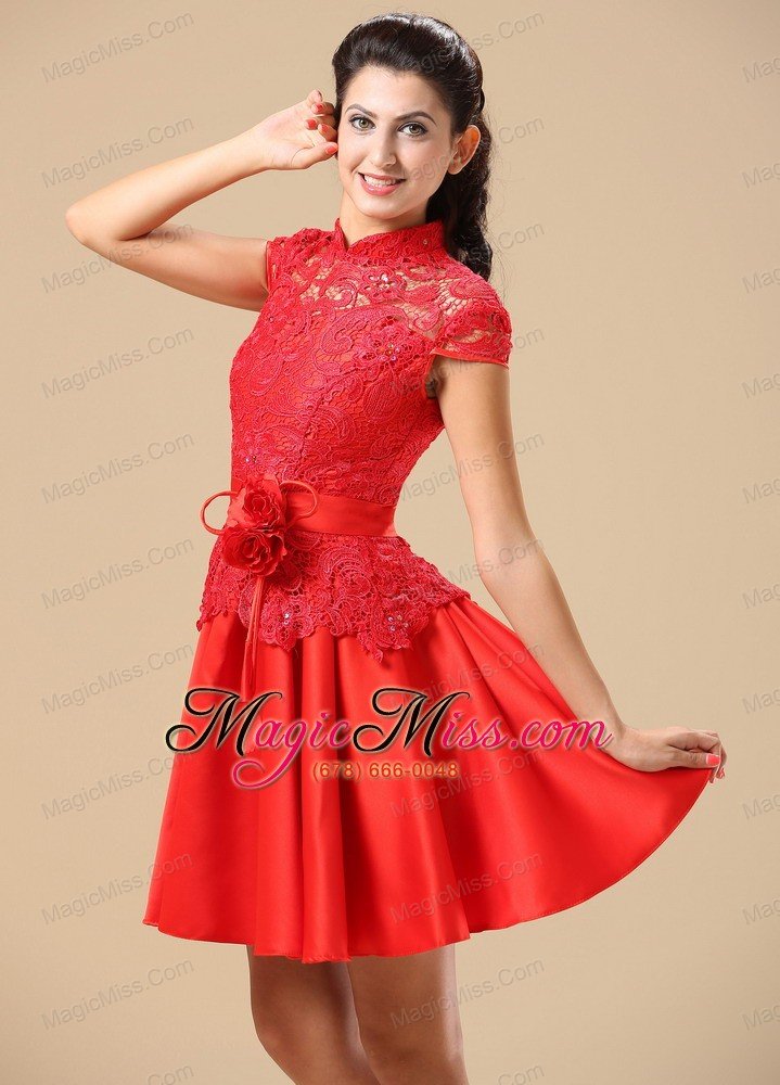 wholesale high-neck red mother of the bride dress with sash lace and taffeta in juneau