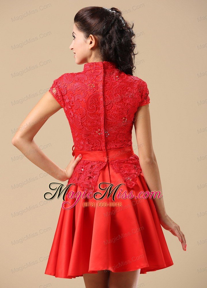 wholesale high-neck red mother of the bride dress with sash lace and taffeta in juneau