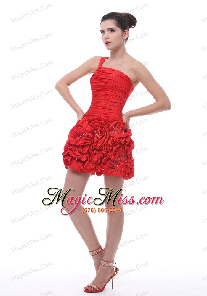 wholesale one shoulder hand made flowers with beading ruch mini-length red 2013 prom / cocktail dress
