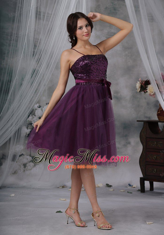 wholesale purple a-line / princess spaghetti straps knee-length tulle paillette prom dress