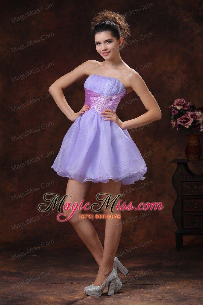 wholesale lace-up mini-length lilac beaded decorate prom dress with strapless neckline