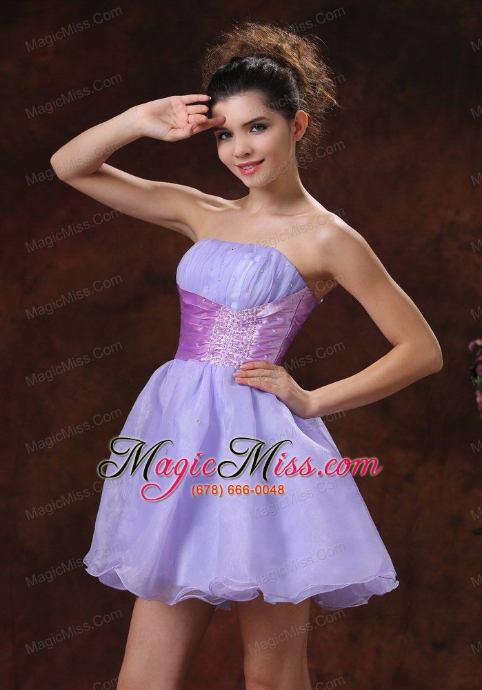 wholesale lace-up mini-length lilac beaded decorate prom dress with strapless neckline