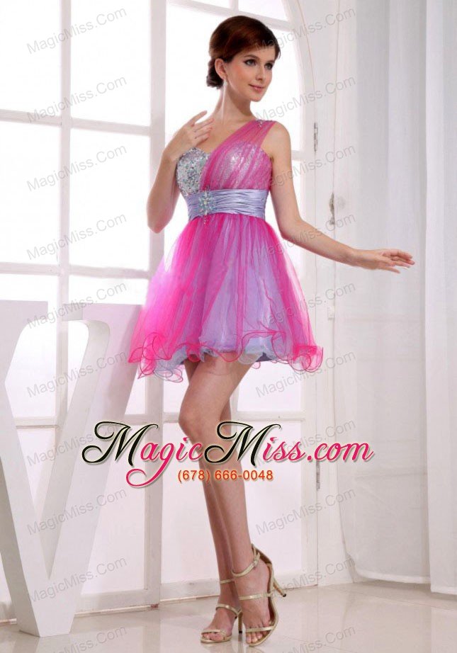 wholesale a-line one shoulder hot pink organza mini-length beading prom dress