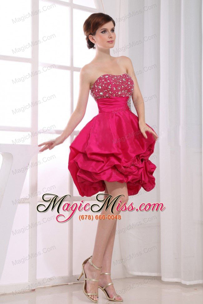 wholesale beading mini-length a-line strapless taffeta prom dress hot pink