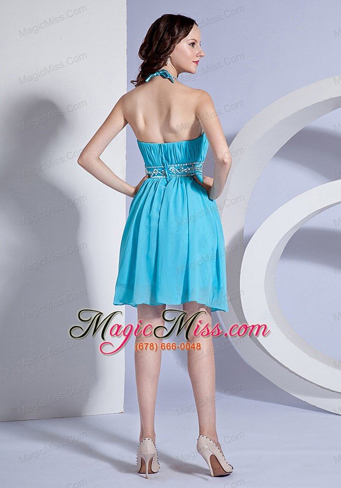 wholesale beading and ruching decorate bodice halter aqua blue chiffon knee-length 2013 prom dress