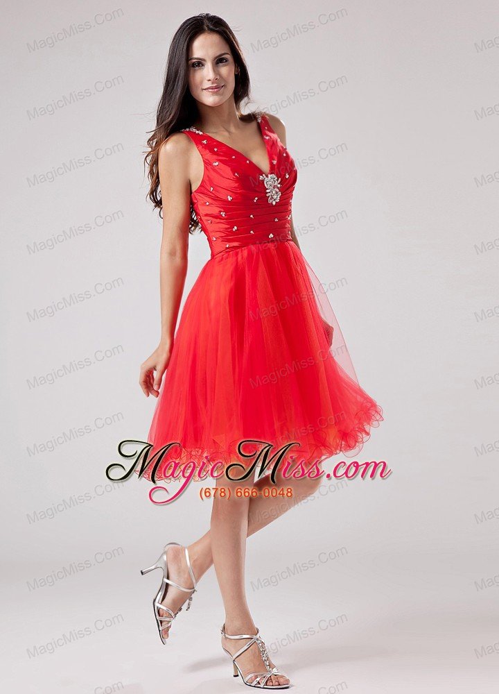 wholesale red v-neck sweet 2013 prom dress with beading and ruch organza