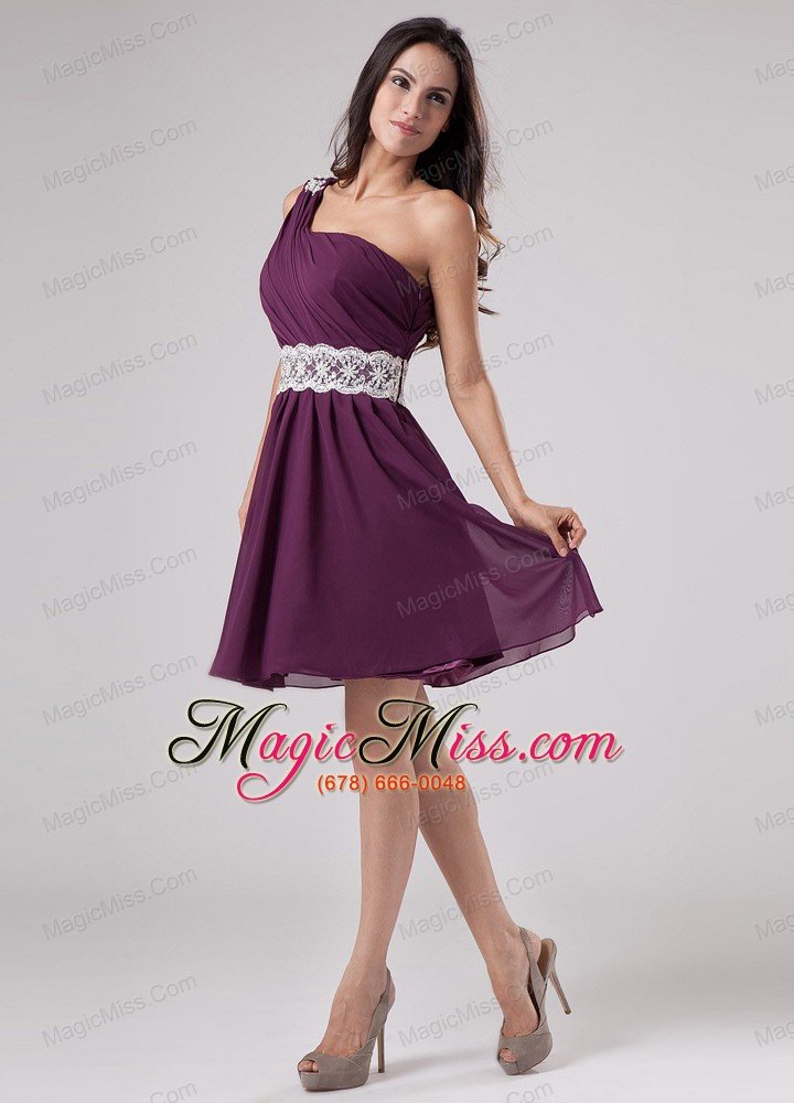 wholesale dark purple one shoulder 2013 prom dress with sash and ruch chiffon