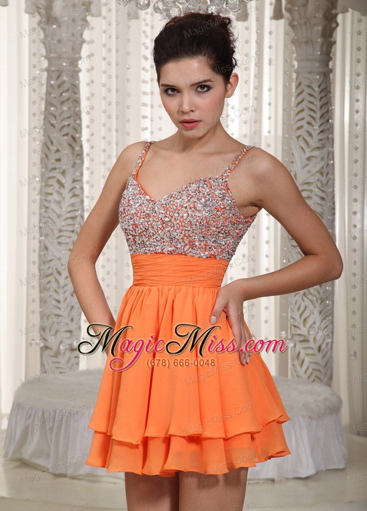 wholesale orange a-line spaghetti straps mini-length chiffon beading prom dress