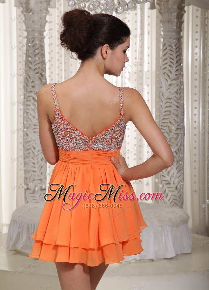 wholesale orange a-line spaghetti straps mini-length chiffon beading prom dress