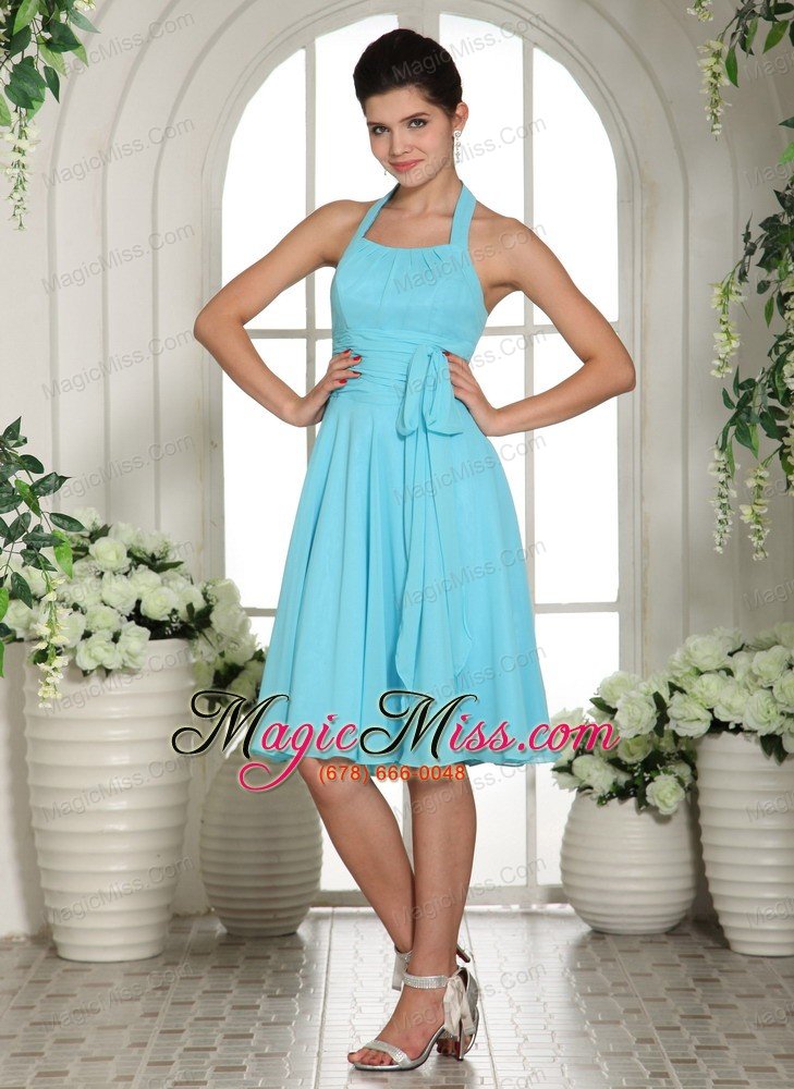 wholesale aqua blue halter sash chiffon dama dresses knee-length