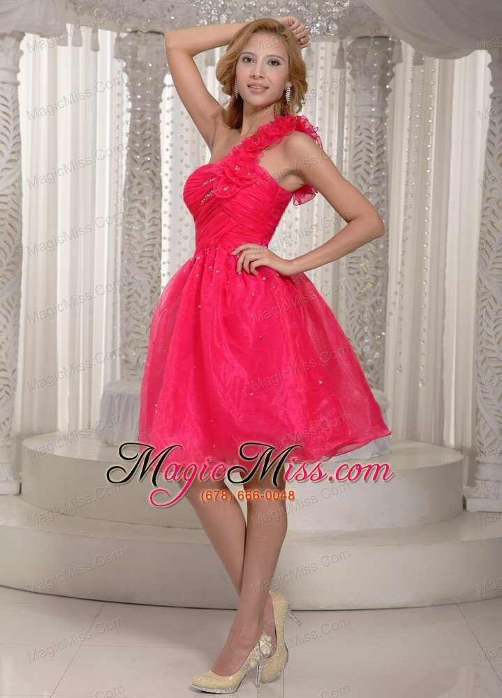 wholesale hand made flowers coral red one shoulder plus size prom dress organza with ruch bodice