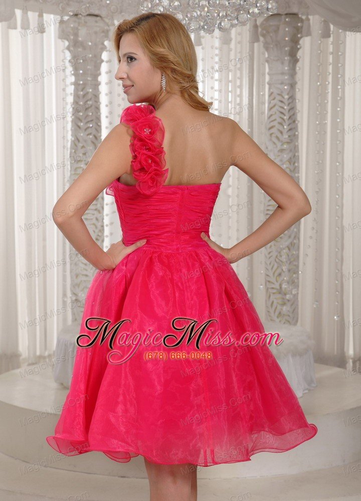wholesale hand made flowers coral red one shoulder plus size prom dress organza with ruch bodice