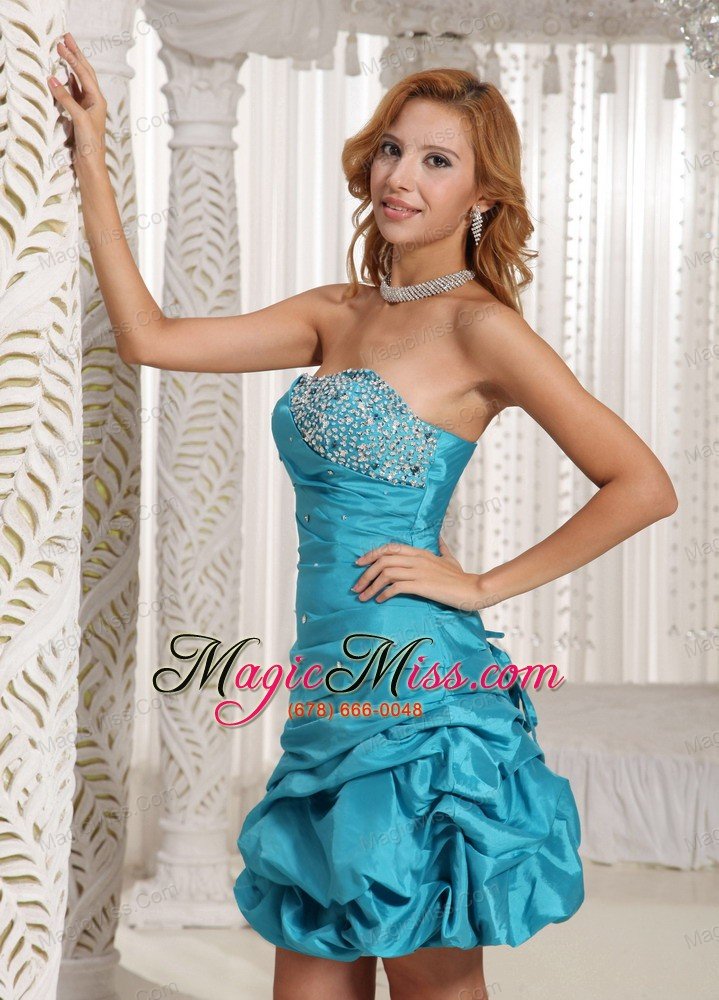 wholesale a-line strapless beaded decorate bust with pick-ups prom dress turquoise blue taffeta