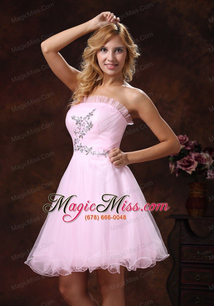 wholesale strapless baby pink and custom mini-length made for 2013 prom dress with beading organza