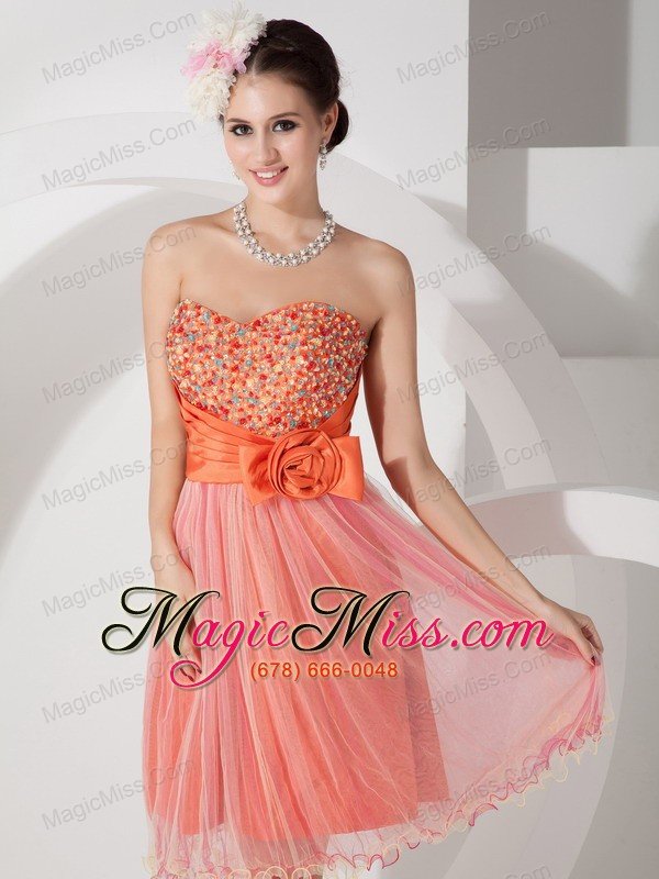wholesale custom made orange a-line sweetheart short prom dress organza ruch and beading knee-length