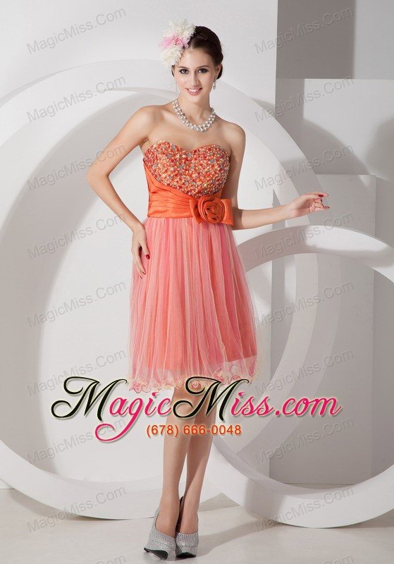 wholesale custom made orange a-line sweetheart short prom dress organza ruch and beading knee-length