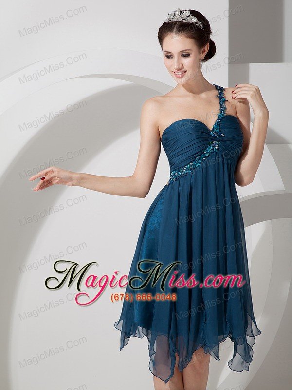 wholesale the super hot peacock green empire one shoulder short prom dress chiffon beading and ruch knee-length