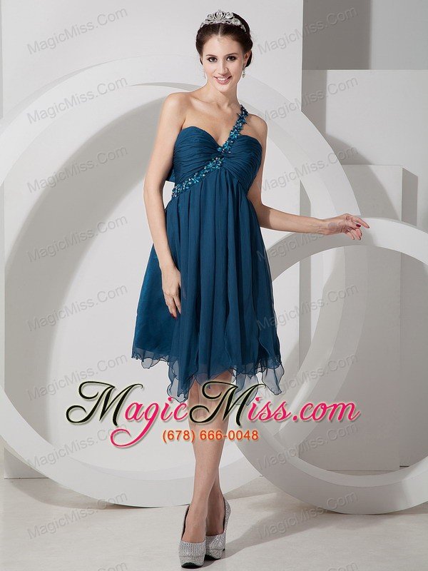 wholesale the super hot peacock green empire one shoulder short prom dress chiffon beading and ruch knee-length