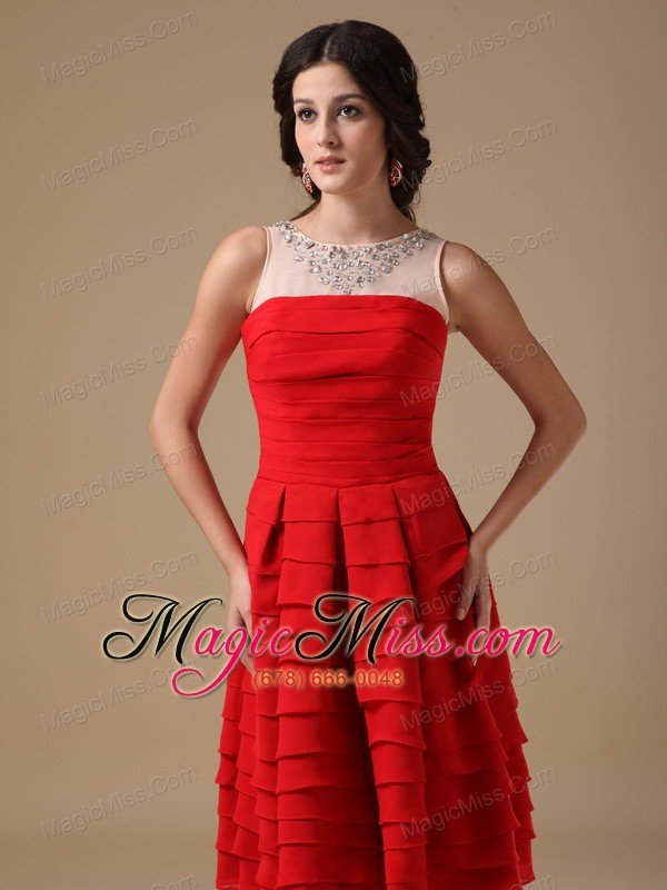 wholesale white and red a-line bateau knee-length chiffon beading prom dress