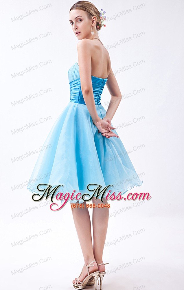 wholesale baby blue a-line strapless knee-length organza ruch bridesmaid dress