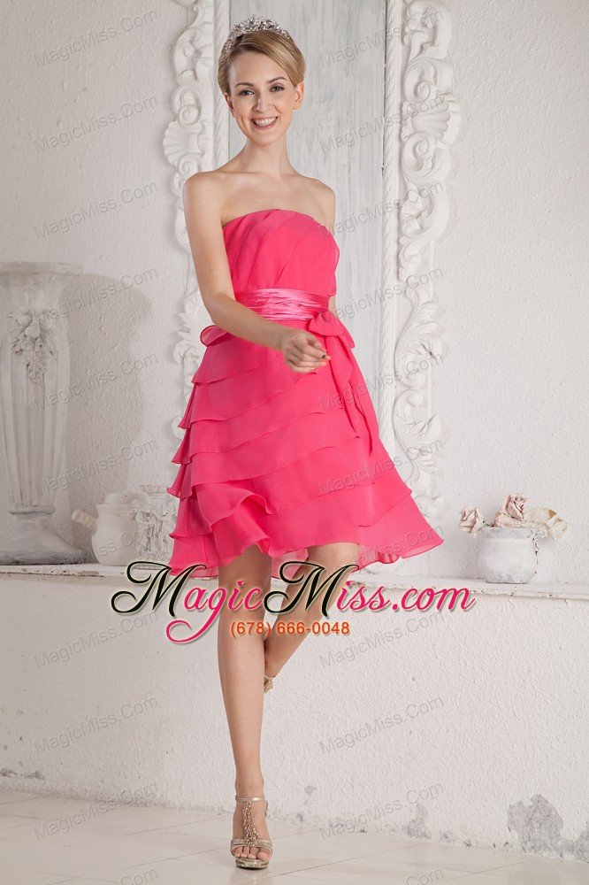 wholesale hot pink empire strapless ruch and sash prom dress mini-length chiffon