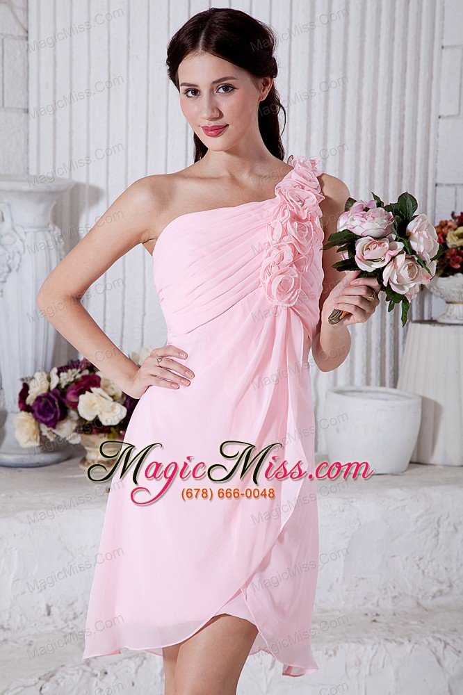 wholesale pink empire one shoulder short prom / homecoming dress chiffon hand made flowers mini-length