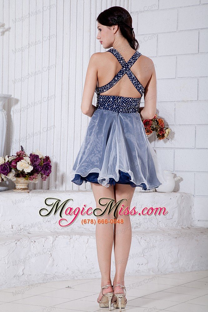 wholesale blue and white a-line v-neck short prom / homecoming dress organza beading mini-length