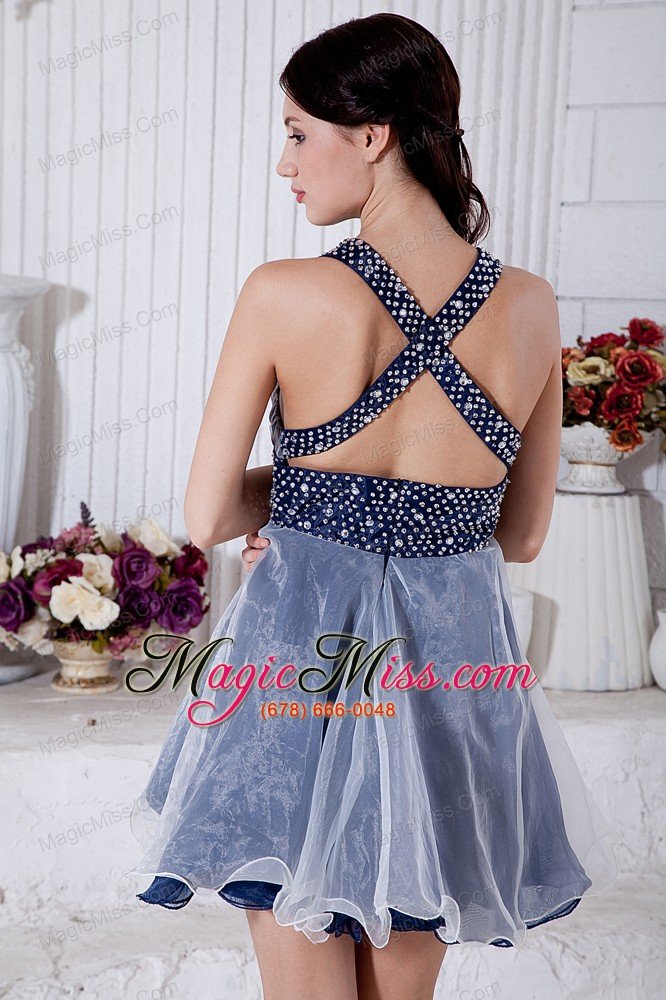 wholesale blue and white a-line v-neck short prom / homecoming dress organza beading mini-length