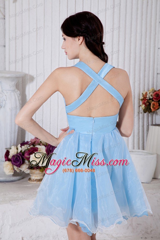 wholesale sky blue princess v-neck mini-length organza pleat prom / homecoming dress