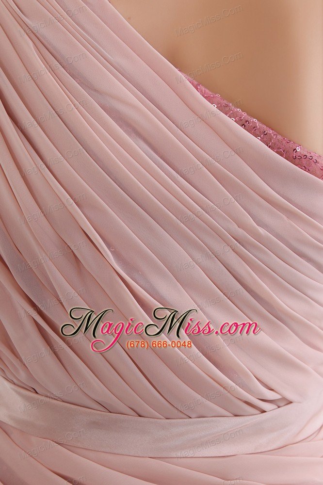 wholesale baby pink column one shoulder short prom dress chiffon and sequin bow mini-length