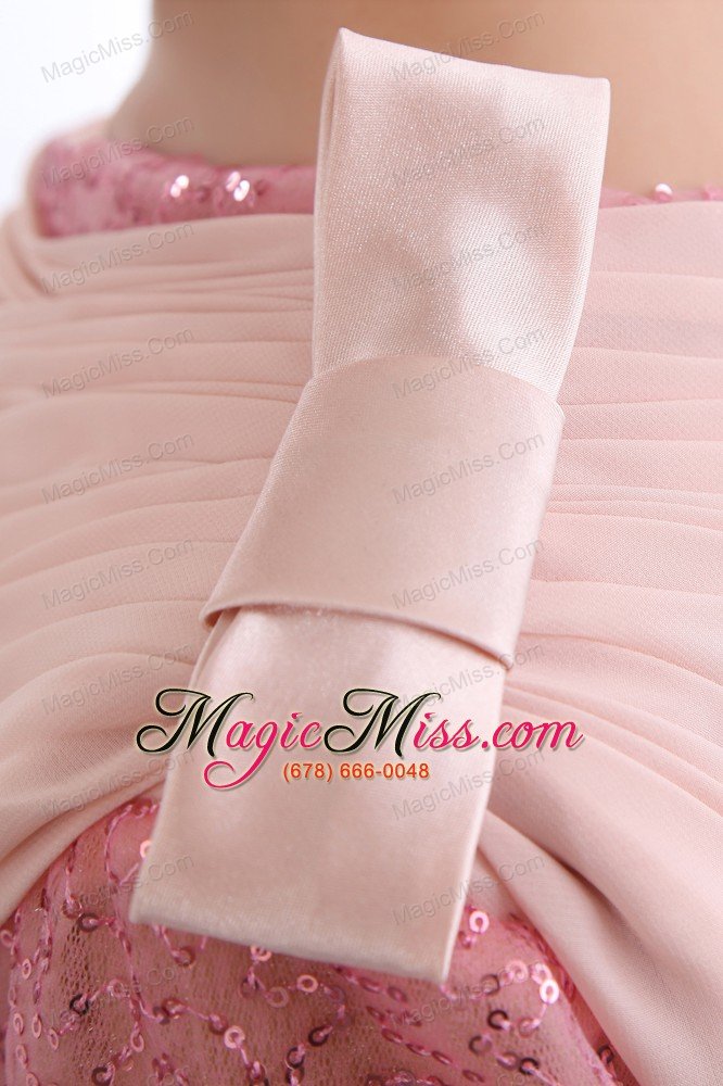 wholesale baby pink column one shoulder short prom dress chiffon and sequin bow mini-length