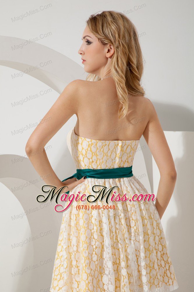 wholesale yellow junior prom / homecoming dress a-line / pricess strapless mini-length lace sashes