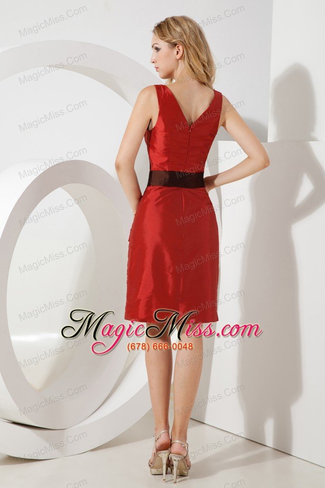 wholesale red column v-neck bridesmaid dress mini-length taffeta sash