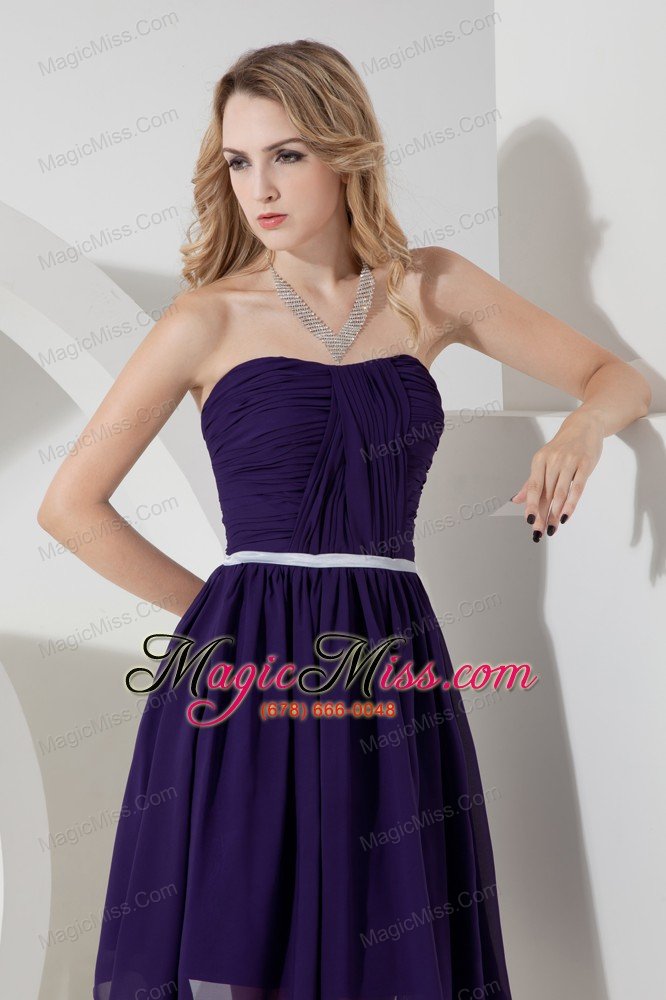 wholesale purple a-line strapless ruch prom dress knee-length chiffon