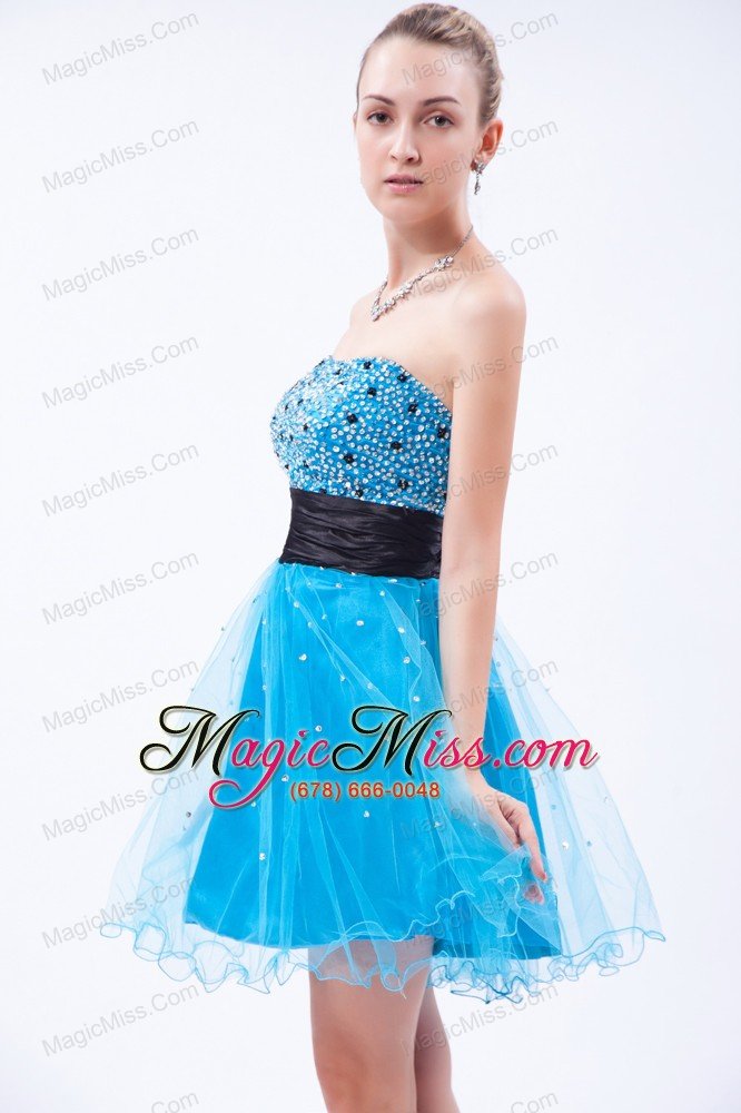 wholesale sky blue a-line strapless prom dress organza beading mini-length