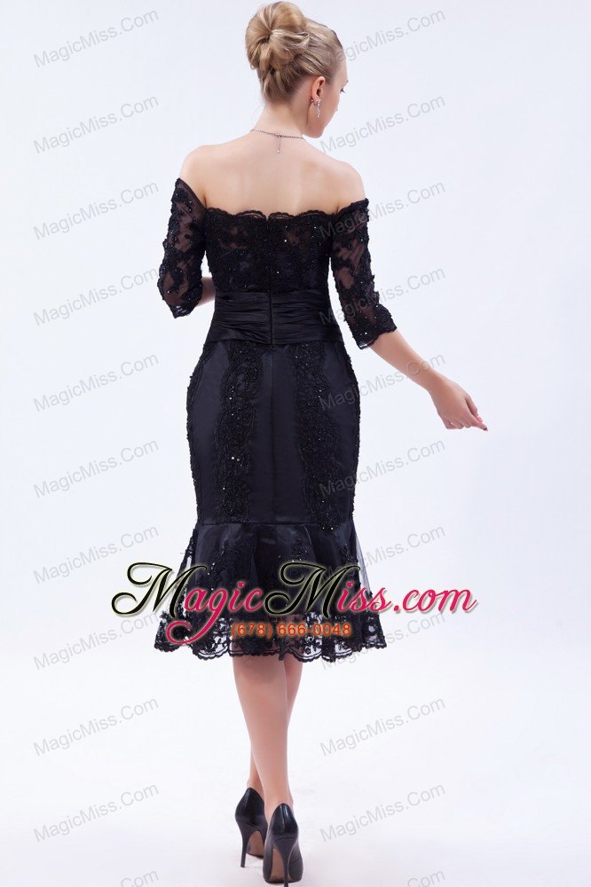 wholesale navy blue column off the shoulder tea-length lace beading mother of the bride dress