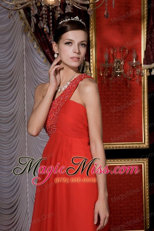 wholesale simple red empire prom / homecoming dress one shoulder chiffon beading tea-length