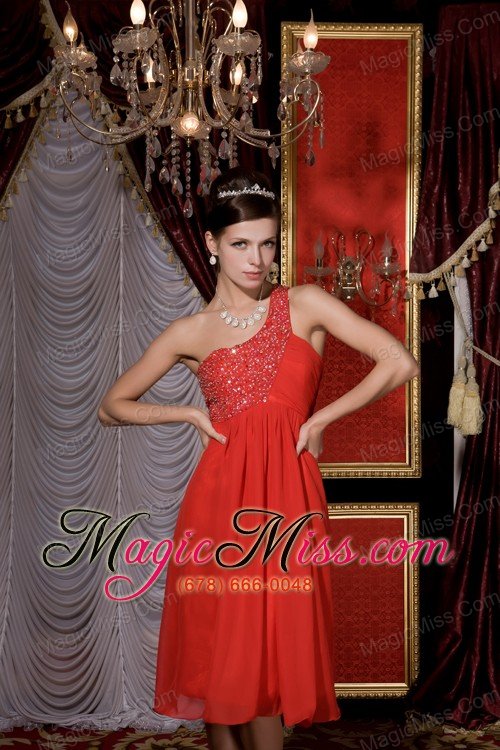 wholesale simple red empire prom / homecoming dress one shoulder chiffon beading tea-length
