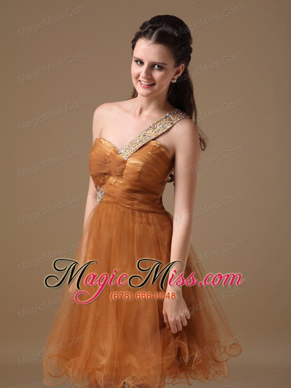 wholesale brown a-line one shoulder mini-length organza beading prom dress