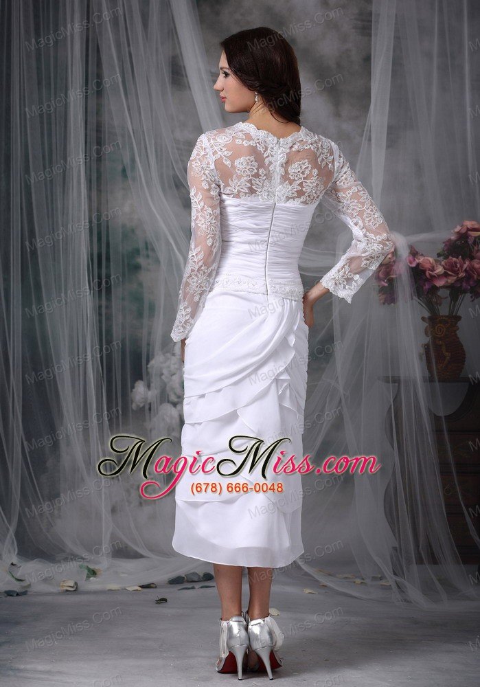 wholesale lovely column / sheath square tea-length chiffon and lace beading wedding dress