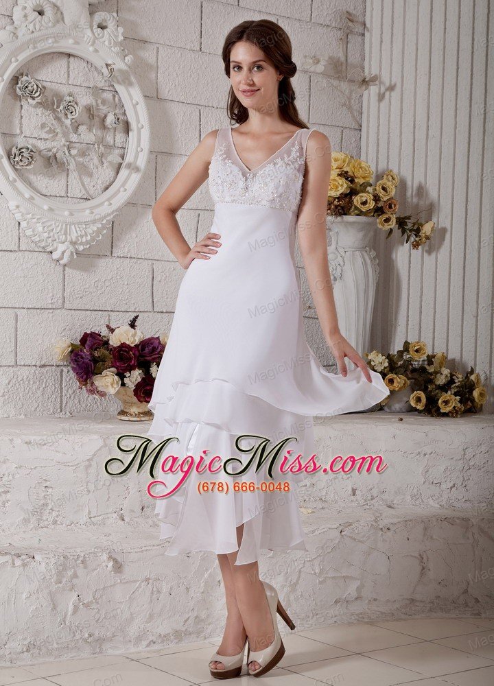 wholesale the most popular column v-neck tea-length chiffon embroidery wedding dress
