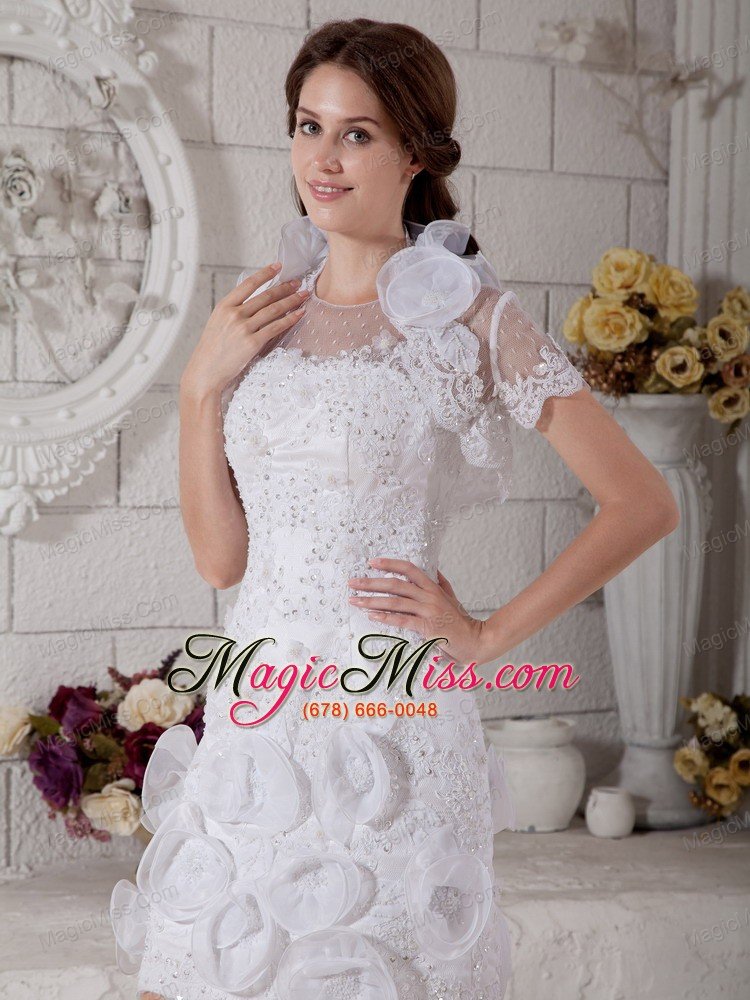 wholesale the most popular column scoop mini-length tulle beading and hand made flowers wedding dress
