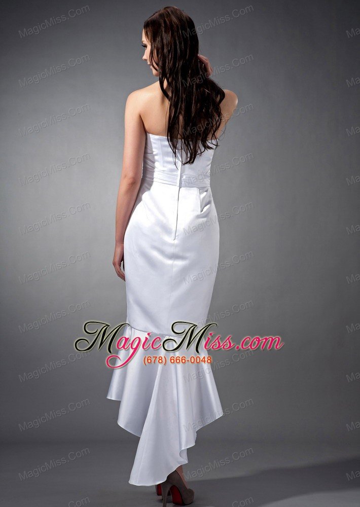 wholesale white mermaid straoless tea-length satin ruch bridesmaid dress