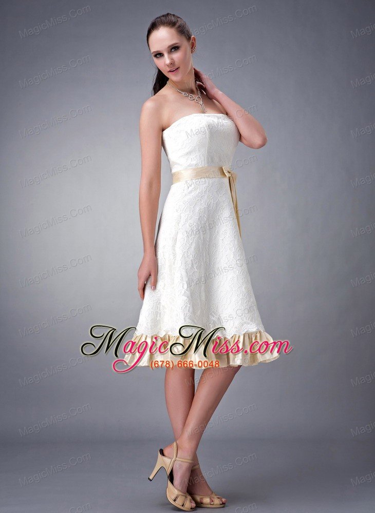 wholesale white and champagne a-line / princess strapless tea-length lace sash bridesmaid dress