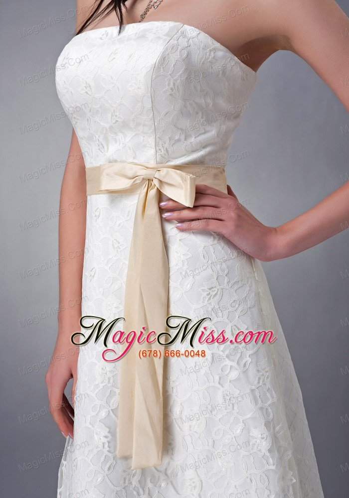 wholesale white and champagne a-line / princess strapless tea-length lace sash bridesmaid dress