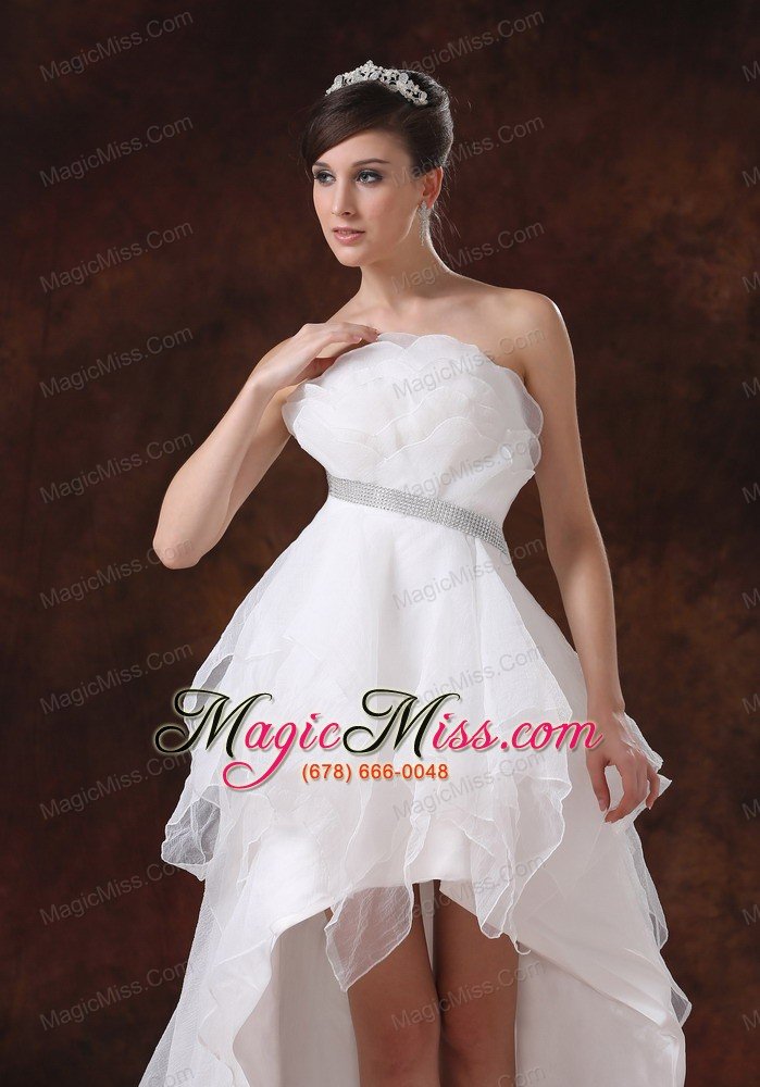 wholesale beaded decorate waist strapless organza high-low wedding dress